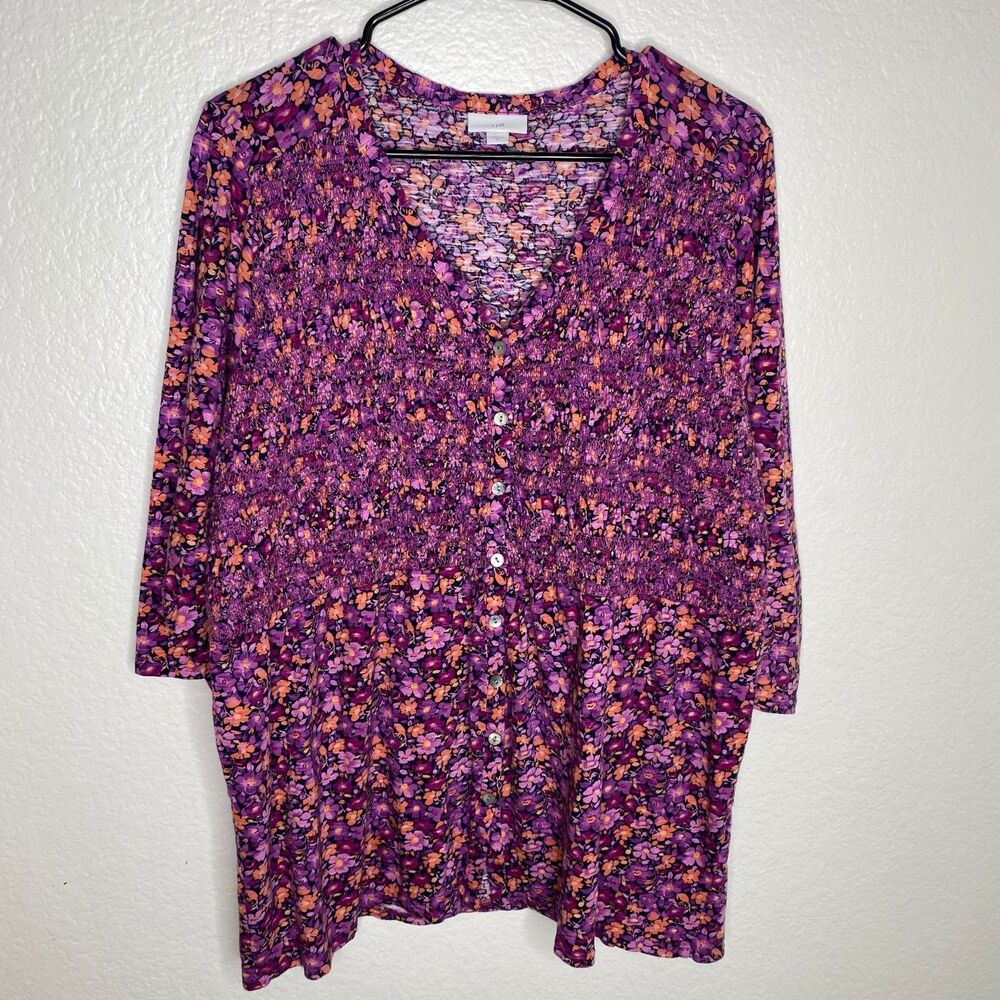 J Jill quarter sleeve button up blouse top floral girly fairy smocked vneck 2X